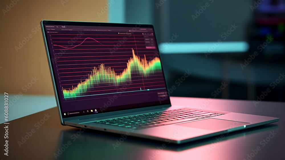 Laptop computer with sample spreadsheets, graph, document on the screen ...