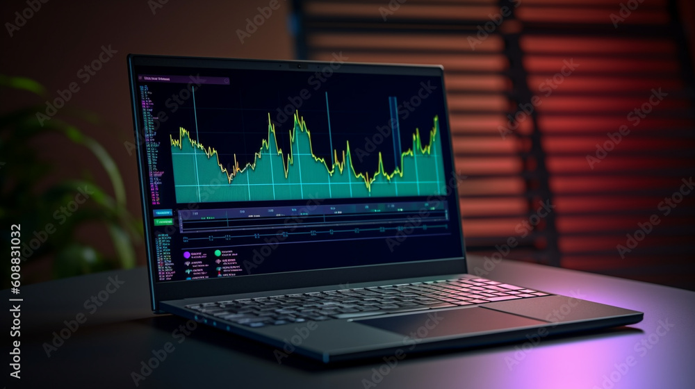 Laptop computer with sample spreadsheets, graph, document on the screen ...