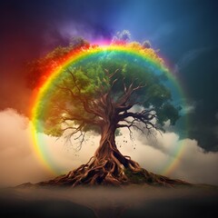 Wall Mural - tree against the backdrop of storm clouds and a rainbow