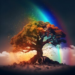 Wall Mural - tree against the backdrop of storm clouds and a rainbow