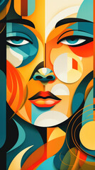 Abstract painting in the style of cubism, female portrait. A young woman in vibrant colors on a square canvas.