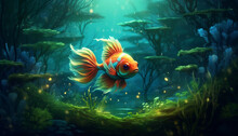 Beautiful Goldfish Swimming Underwater. Home Pet In The Aquarium. Created With The Help Of AI.