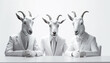 Portraits of three goats, rams or sheep in suits at the table discuss politics and world news. Generative AI.
