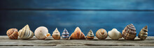 Summer Time Concept With Seashells On A Blue Wooden Background. Summer Holidays Concept. Banner With Copy Space. Flat Lay, Top View. Generative AI