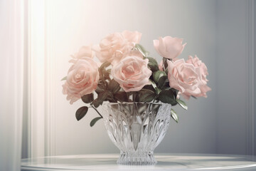 Wall Mural - Delicate roses bouquet in vase, window light airy background. Generative AI