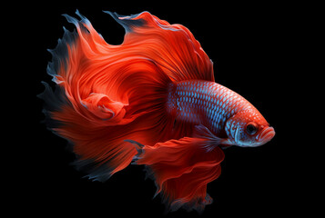 Betta fish. Red fighting Siamese fish with beautiful silk tail isolated on black. Amazing exotic tropical fish ai generated illustration