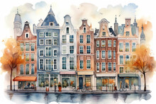 Amsterdam Watercolour Illustration, Storybook Style. Generative AI.