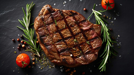 Wall Mural - Grilled ribeye beef steak, herbs and spices. Top view with copy space for your text. Generative Ai