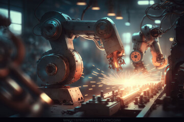 Canvas Print - Welding robot working on the assembly line, AI generated