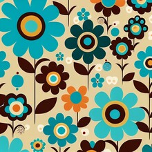 Colorful Floral Print Pattern, 70s Style, Blue Tan Orange, Scrapbooking, Cute Background, Seamless, Digital Paper