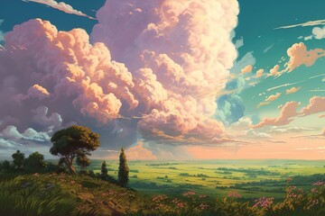 Wall Mural - an image depicting a scene in the countryside with clouds and trees Generative AI