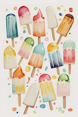 Wall Mural - Many colorful popsicles overhead , watercolor style illustration, generative AI