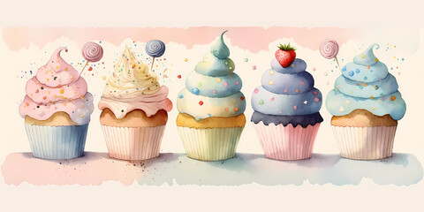 Set of colorful vanilla and berry cupcakes illustration, generative AI