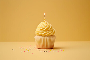 Wall Mural - Birthday cupcake with a candle on a light yellow background, generative AI