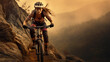 Female cyclist riding bicycle on mountain trail, girl on sports bike, generative AI.