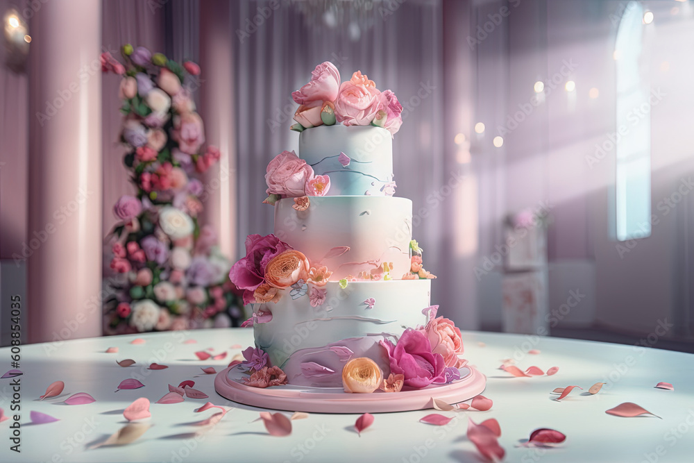 Luxury floral wedding cake on table. Generative AI Stock Illustration ...