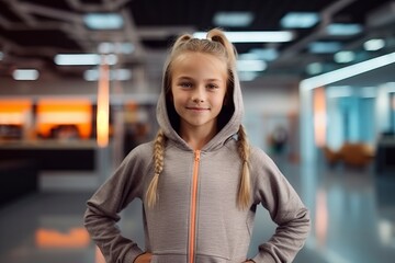portrait of smiling little girl in sportswear looking at camera