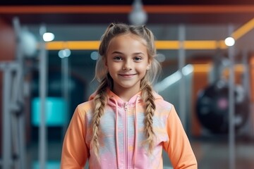 Wall Mural - smiling little girl in sportswear looking at camera in gym