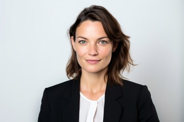 Poster - Headshot portrait photography of a satisfied woman in her 30s that is wearing a sleek suit against a white background . Generative AI