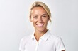 Group portrait photography of a grinning woman in her 30s that is wearing a sporty polo shirt against a white background . Generative AI