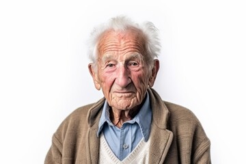 Medium shot portrait photography of a pleased 100-year-old elderly man that is wearing a chic cardigan against a white background . Generative AI