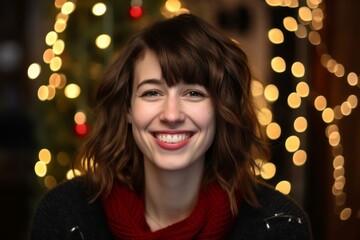 Portrait of beautiful young woman with christmas lights on background.