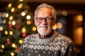 Wall Mural - senior man with eyeglasses and christmas tree at home