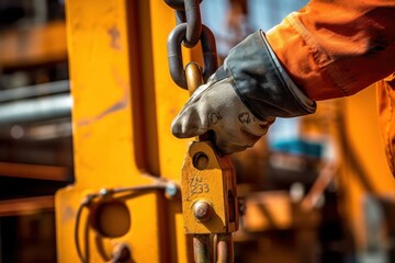 Close up of high risk workers wearing heavy duty safety gloves. The pin secures the helmet to the D-shaped shackle..Generated with AI