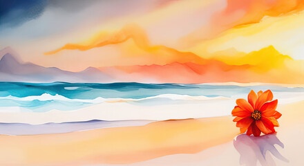 Wall Mural - beautiful artsy evening beach in vibrant colors with orange flower and copy space generative ai illu