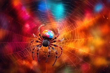 Spider In The Center Of Its Web On A Colorful