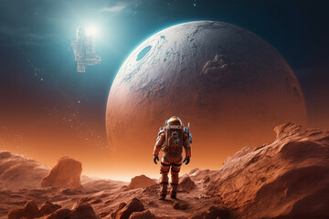 Wall Mural - Illustration of a space explorer robot exploring the planet Mars, Generative Ai technology