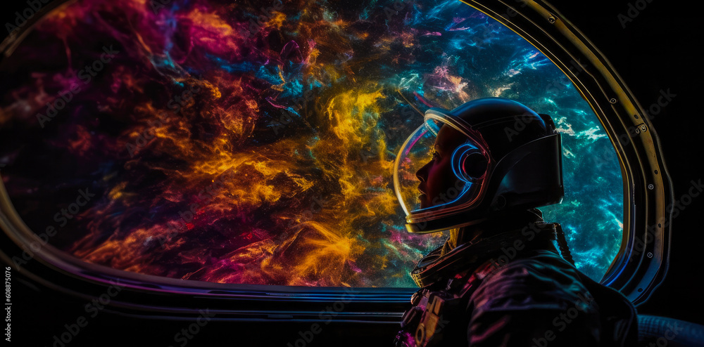 Futuristic space tourism astronaut looking into the vibrant colors of ...