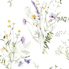 Watercolor Seamless Pattern White Background - Illustration With Green Leaves, Pink Blue Yellow Buds And Branches. Wild Field Herbs Flowers. Wedding Invites, Fashion, Prints, Backgrounds. Wildflowers.