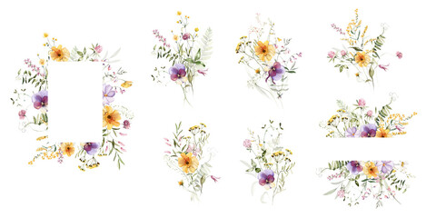 Wall Mural - Wild field herbs flowers. Watercolor floral collection set - bouquets, borders, frames. Illustration green leaves, branches.. Wedding stationery, wallpapers, fashion, backgrounds. Wildflowers. 