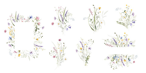 Wall Mural - Wild field herbs flowers. Watercolor floral collection set - bouquets, borders, frames. Illustration green leaves, branches.. Wedding stationery, wallpapers, fashion, backgrounds. Wildflowers. 