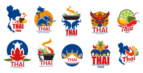 Thai cuisine icons, Thailand restaurant. Vector asian food isolated symbols with elephants, thai map and spicy dishes, rice pots, shrimp soup tom yum, coconut, mango and hot chilli peppers