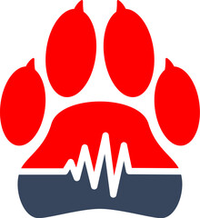 Wall Mural - Pet clinic icon of animal care with vector dog paw print, heartbeat and pulse symbol. Veterinary medicine hospital, veterinarian or vet doctor medical office isolated red and blue sign, vet clinic