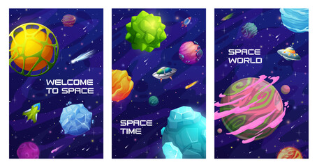 Wall Mural - Space posters, starry galaxy, space planets and stars, spaceship and ufo, vector astronomy science. Cartoon fantasy universe, rockets, comets and asteroids, cosmos travel and adventure banners set