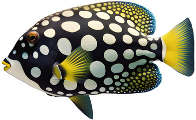 Wall Mural - Exotic looking white polka dot spotted tropical fish. Generative AI.