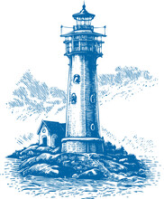 Lighthouse On A Rocky Shore Near The Ocean Vector Engraving In One Color On A White Background