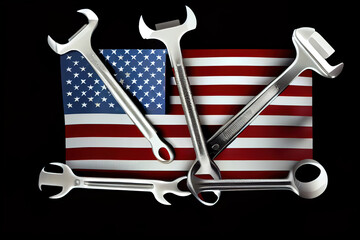 Wall Mural - Labor day concept different kinds wrenches with american flag on black. Generative Ai