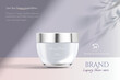 Cosmetic cream product ads against scene background in 3d illustration and leaves shadow. Beauty product advertisement banner.