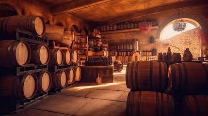 Wall Mural - A real modern stylish wine cellar with barrels, a cozy winery. Generative AI