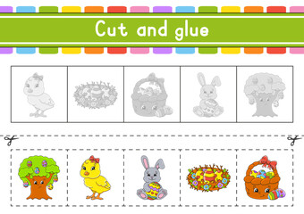  Cut and play. Paper game with glue. Flash cards. Education worksheet. Activity page. Scissors practice. Vector illustration.