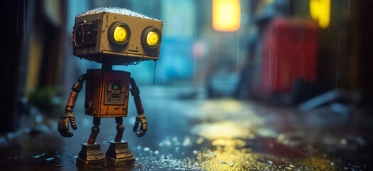 Sticker - cute robot under the rain, AI generative