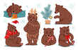 Big set of Christmas stickers. Cute brown bears with Christmas symbols. Flat vector illustration isolated on white.