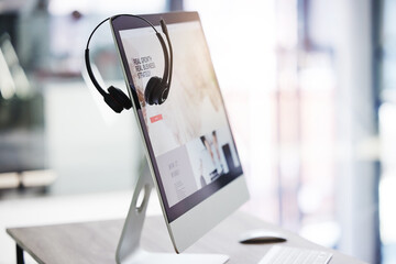 Aufkleber - Headset, call center and computer screen in office for consulting, crm and technology communication or help. Workplace, customer service or telemarketing pc on desktop for work, agency or support
