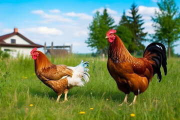 Chickens in a field with a farm in the background. Generative AI