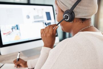 Poster - Call center, black woman and writing notes, listening and schedule, customer service and support. Notebook, telemarketing and sales agent, consultant or employee at help desk, consulting and business