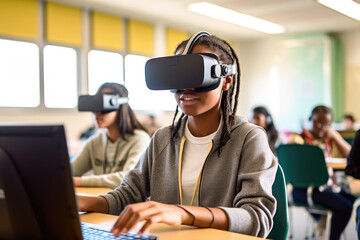 Kid wearing a VR googles at school as a new mean of studying. Concept image on ed tech and e learning in the school environment. 